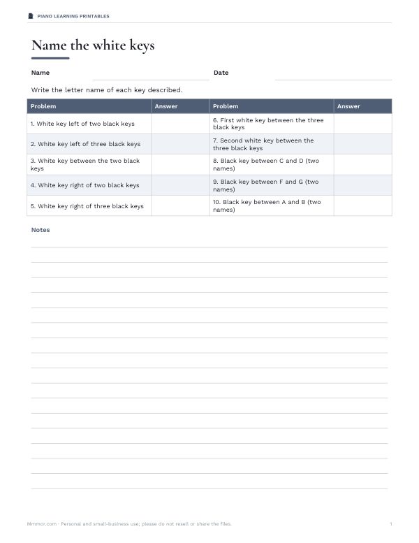 Preview of Printable Piano Note-Naming Worksheet