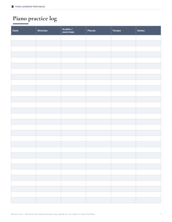 Preview of Printable Piano Practice Log